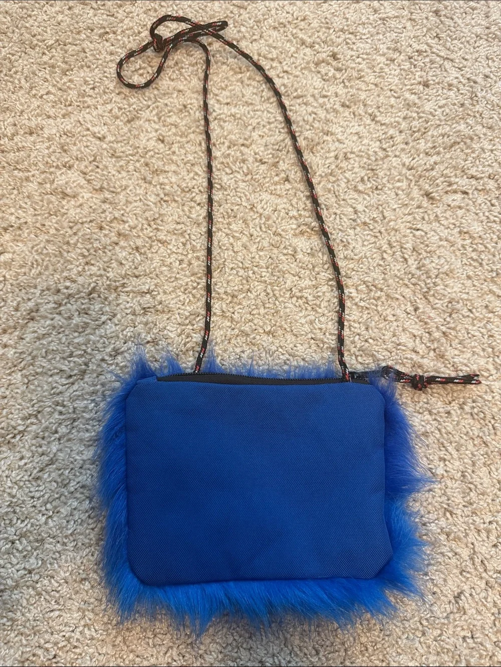 Girls' Blue Wonder Woman Fuzzy Crossbody Bag with Gold Emblem